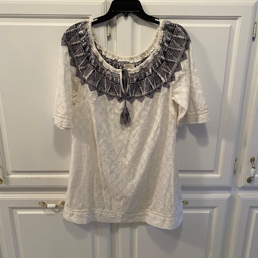 Anthropologie Mermaid Peasant White Blue Embroidered Tunic Women’s Size Small